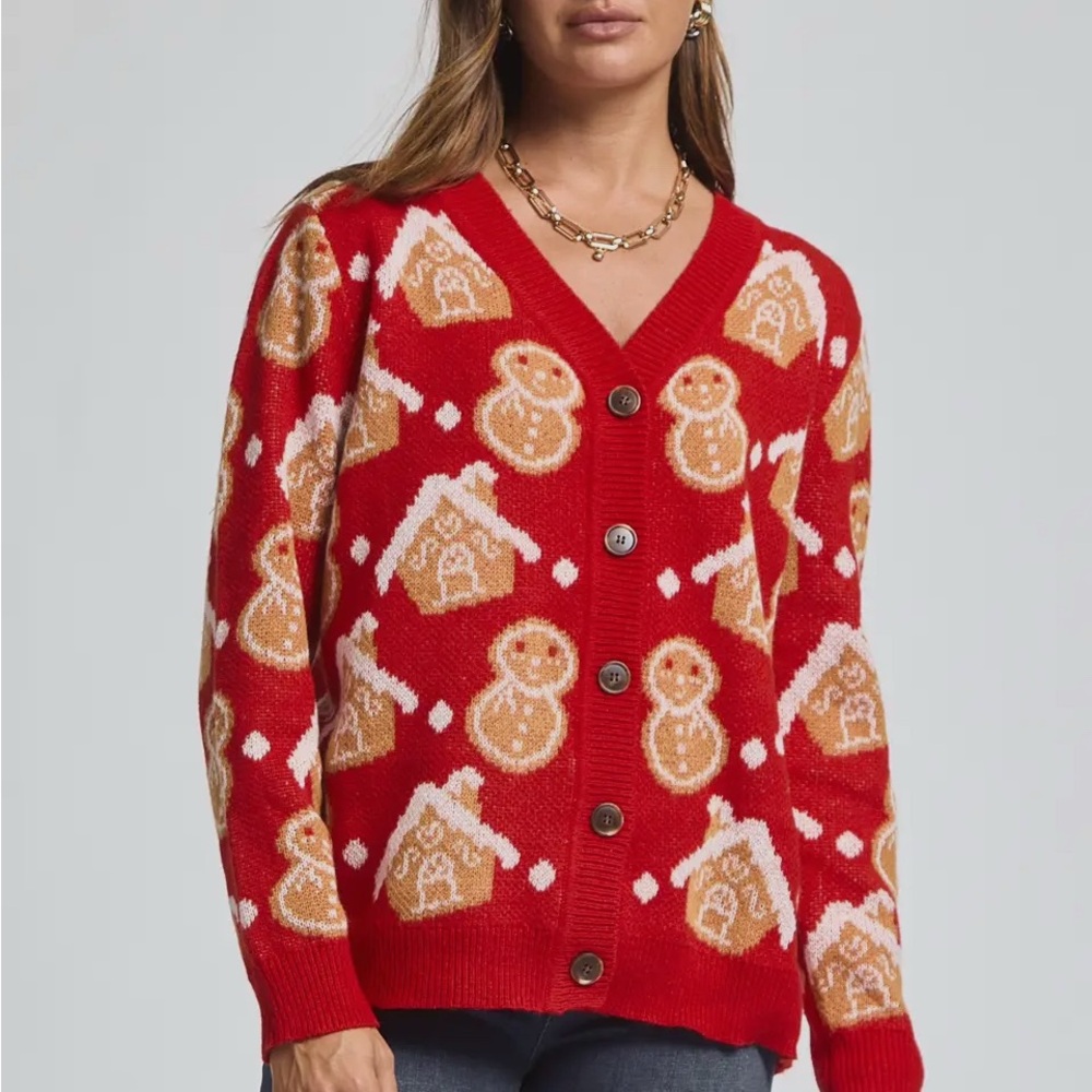Red Gingerbread Pattern Sweater Cardigan NWT plus CHRISTMAS holiday